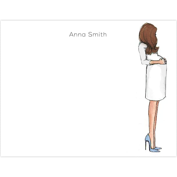 Maternity Stationery Set: Maternity Bliss in White {Stationary Notecards, Personalized, Watercolor, Custom, Fashion Drawing, Girly}