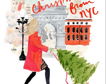 Kerstkaarten voor de feestdagen: Tree Toting in NYC { Fashion Christmas Card }