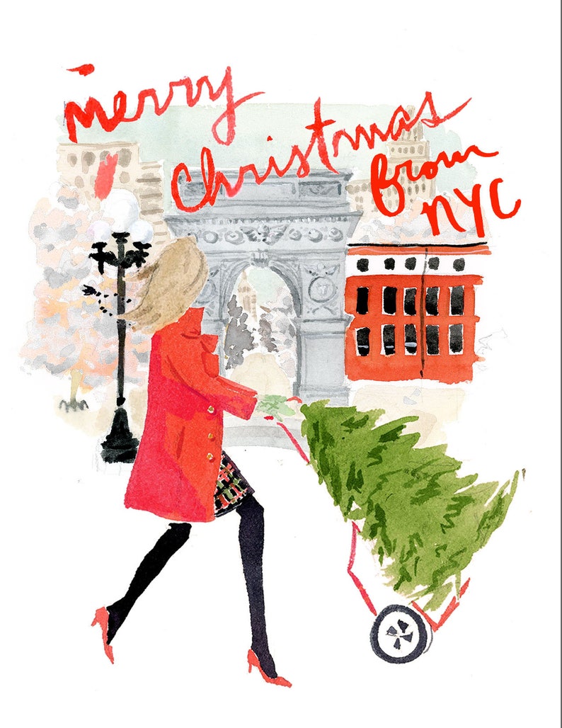 Holiday Christmas Cards: Tree Toting in NYC Fashion Christmas Card image 1