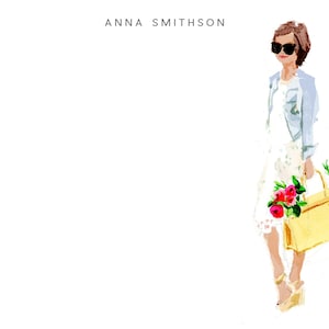 May include: A woman in a white dress and blue jacket holds a yellow handbag and a bouquet of pink flowers.  The text "ANNA SMITHSON" is at the top of the image.