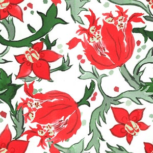 May include: A seamless pattern featuring red flowers with green leaves on a white background. The flowers are stylized and have a watercolor effect.