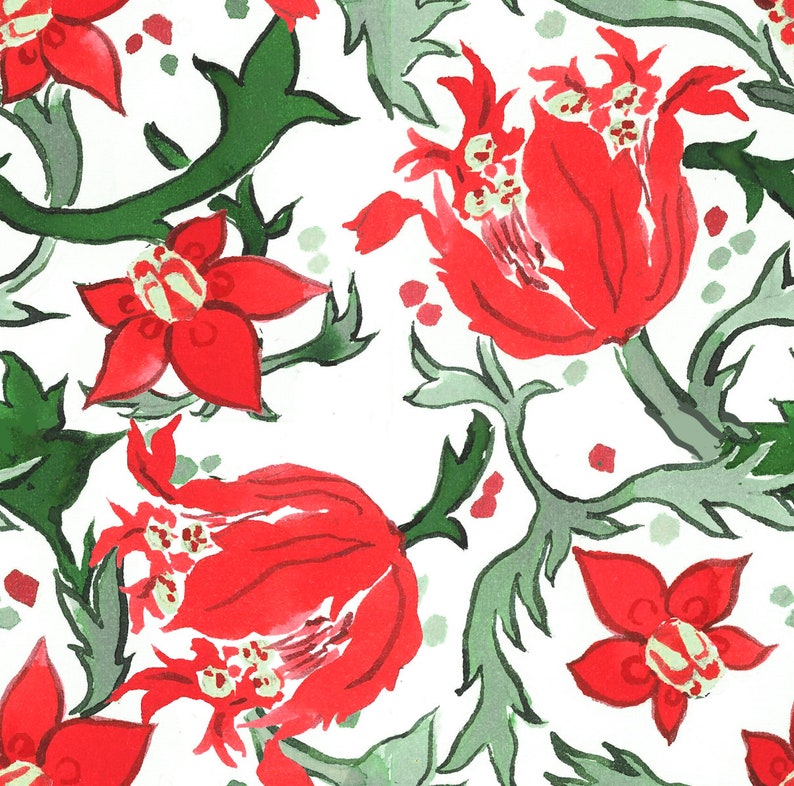 May include: A seamless pattern featuring red flowers with green leaves on a white background. The flowers are stylized and have a watercolor effect.