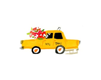 Art Print Wall Art: Taxi in Spring {taxi art print, nyc art print, cute art print, cute wall art, pink wall art, pink art print}