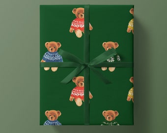 Holiday Wrap: Winter Bears {Christmas, Holiday, Birthday, Gift Wrap, Wrapping Paper} Skiiers