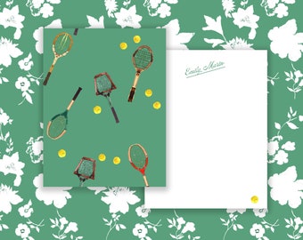 Personalized Stationery: Vintage Tennis Racquets Kelly {Stationary Notecards, Personalized, Watercolor, Monogram, Custom, Fashion Drawing}