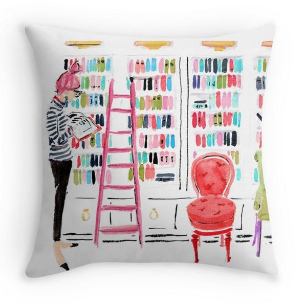 Illustrated Pillow: In The Library {Fashion pillow, cute pillow, illustration pillow, book pillow, girl's room, dorm room, reading pillow}