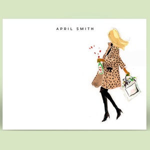 Personalized Stationery Girl: Leopard Coat Girl {Stationary Notecards, Personalized, Watercolor, Custom, Fashion Drawing, Girly}