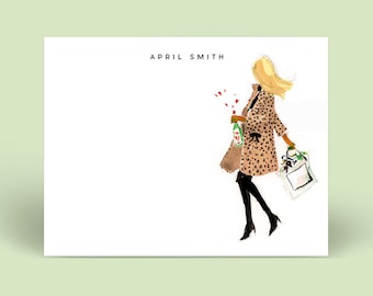 Personalized Leopard Note Cards - Custom Girl Illustration Stationery Set, Chic Gift for Fashion Lovers, Leopard Coat Girl