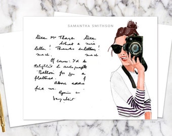 Custom Stationery: Camera Girl in White {Stationary Notecards, Personalized, Watercolor, Custom, Fashion Drawing, Girly}