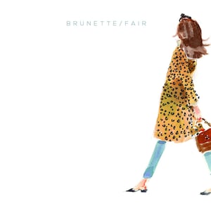 May include: A watercolor illustration of a woman wearing a long, brown and yellow leopard print coat, blue jeans, and black shoes. She is carrying a brown handbag.
