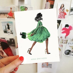 Modern Mary Tyler Moore Green Folded Cards {Stationary Notecards, Personalized, Watercolor, Custom, Fashion Drawing, Girly}
