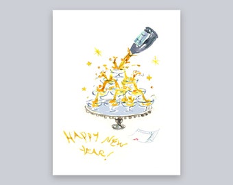 New Year's Folded Cards: Champagne Tower {Stationary Notecards, Personalized, Watercolor, Custom, Fashion Drawing, Girly}