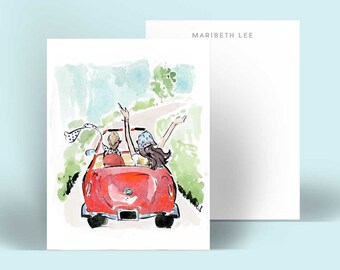 Personalized Stationery: Convertible Car Girls Red {Stationary Notecards, Personalized, Watercolor, Monogram, Custom, Fashion Drawing}