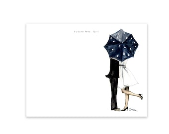 Personalized Stationery Set: Behind the Umbrella {Stationary Notecards, Personalized, Watercolor, Custom, Fashion Drawing, Girly}