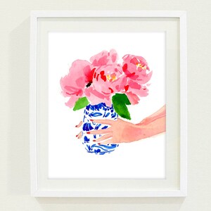 Art Print: Peonies in a Ginger Jar {Cute Wall Art, Home Decorating, Original Painting, Watercolor, Wall Decor, Interior Design, Girly}