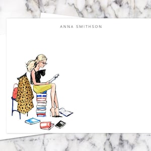 Personalized Stationery: Retro Modern Reader Blonde {Stationary Notecards, Personalized, Watercolor, Monogram, Custom, Fashion Drawing}