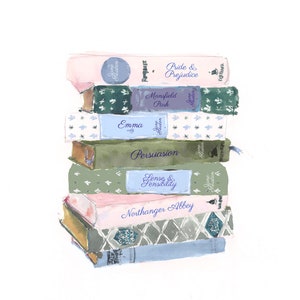 Art Print: Blue Jane Austen Book Stack {art print, travel art, travel wall art, travel print}