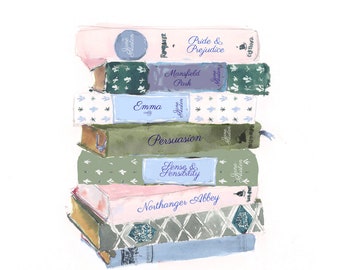 Art Print: Blue Jane Austen Book Stack {art print, travel art, travel wall art, travel print}