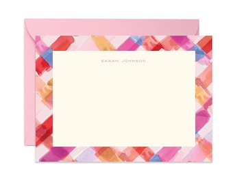 Luxe Watercolor Pink Gingham Personalized Notecard Set | Watercolor Border Stationery | Custom Name Note Cards with Envelopes | Gift for Her