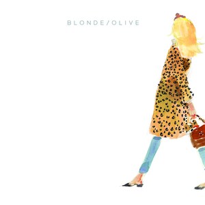 May include: A watercolor illustration of a woman wearing a long, leopard print coat, blue jeans, and black shoes. She is carrying a brown handbag.