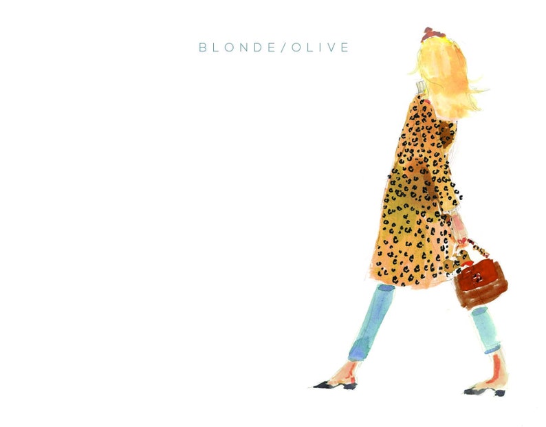 May include: A watercolor illustration of a woman wearing a long, leopard print coat, blue jeans, and black shoes. She is carrying a brown handbag.