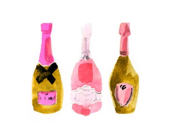 Bar Cart Art: Pink and Gold Champagne {Cute Wall Art, Home Decorating, Painting, Watercolor, Wall Decor, Interior Design, Apartment Decor}