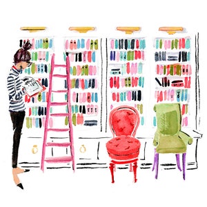Art Print: "In the Library" Brunette {Cute Wall Art, Home Decorating, Original Painting, Watercolor, Wall Decor, Interior Design, Girly}