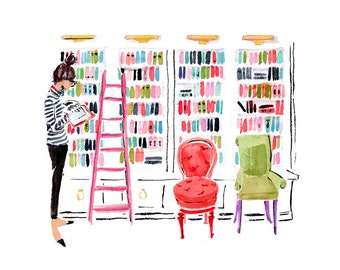 Art Print: "In the Library" Brunette {Cute Wall Art, Home Decorating, Original Painting, Watercolor, Wall Decor, Interior Design, Girly}