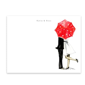 Personalized Stationery Set: Behind the Umbrella Red {Stationary Notecards, Personalized, Watercolor, Custom, Fashion Drawing, Girly}