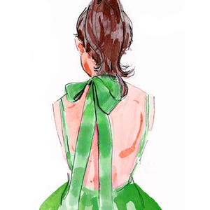May include: A watercolor illustration of a person wearing a green dress with a large green bow tied at the back of the neck.
