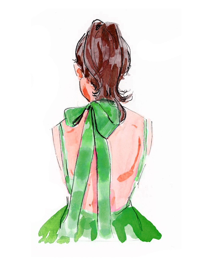 May include: A watercolor illustration of a person wearing a green dress with a large green bow tied at the back of the neck.