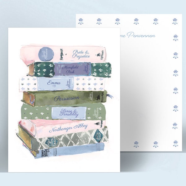 Blue Jane Austen Book Stack Notecards: Personalized Stationery {Stationary Personalize, Personalized, Watercolor, Custom, Drawing, Girly}