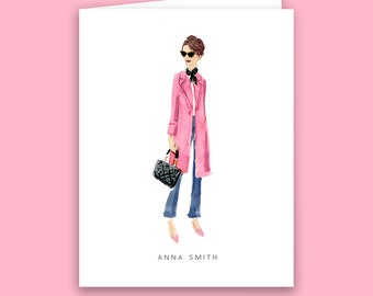 Pink Coat Pixie Cut Folded Cards {Stationary Notecards, Personalized, Watercolor, Custom, Fashion Drawing, Girly}