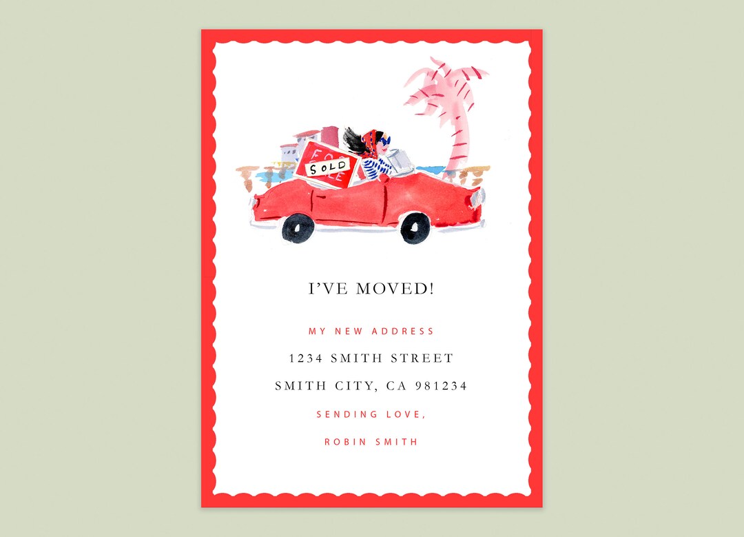 Red Moving Advertisement Red Convertible Girl Moving Announcements (moving Card, Moving ...