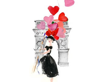 Art Print: Audrey Hepburn Heart Balloons {Cute Wall Art, Home Decorating, Original Painting, Watercolor, Wall Decor, Interior Design, Girly}