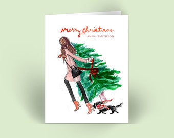 Personalized Christmas Cards: Merry Tree Toter Black Dachshund