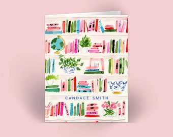 Folded Cards: Bright Bookshelf Personalized {Stationary Notecards, Personalized, Watercolor, Custom, Fashion Drawing, Girly}