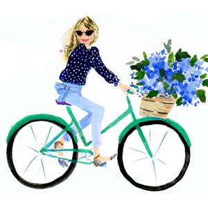 K&ouml;nnte beinhalten: Aquarellillustration einer Person, die auf einem gr&uuml;nen Fahrrad mit einem Korb voller blauer Blumen f&auml;hrt. Die Person tr&auml;gt ein marineblaues Polka-Dot-Hemd, hellblaue Jeans und eine Sonnenbrille. Das Fahrrad hat schwarze Reifen und einen Weidenkorb.