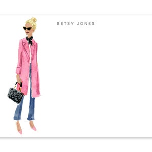 Personalized Pink Coat Note Cards - Custom Fashion Girl Stationery Set - Gift for Stylish Women