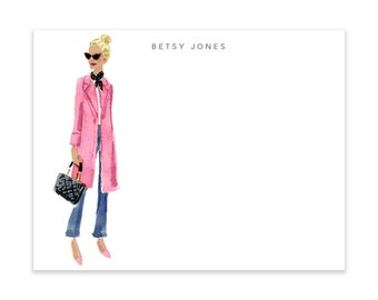 Personalized Pink Coat Note Cards - Custom Fashion Girl Stationery Set - Gift for Stylish Women