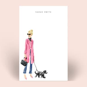 Personalized Notepad: Pink Coat with Black Dog {Paper Notepad, To Do List, Fashion Illustration, Office Organization, Office Supplies}