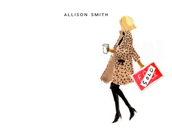 Personalized Realtor Notecards: Short Hair Leopard Coat Sold Sign {Stationary Notecards, Personalized, Watercolor, Custom, Fashion, Girly}