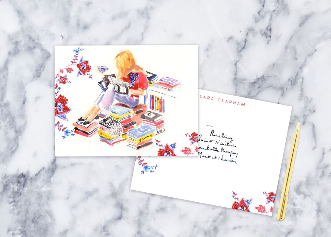 Personalized Book Stack Note Cards – Reading Girl Stationery Set Book ...