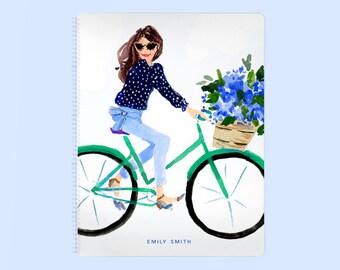 Personalized 8.5x11 Notebook: Nantucket Bike Girl {Illustrated Notebook, Fashion Notebook, spiral Journal}