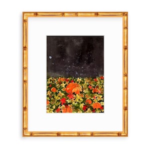 May include: A watercolor painting of a field of pumpkins under a starry night sky. The pumpkins are orange and green, and the leaves are red, orange, and green. The sky is dark blue with white stars.