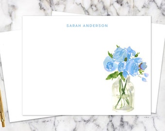 Personalized Stationery: Light Blue Flowers in a Glass Vase {Stationary Notecards, Personalized, Watercolor, Monogram, Custom, Girly}