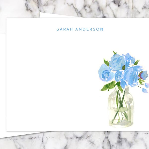 Personalized Stationery: Light Blue Flowers in a Glass Vase {Stationary Notecards, Personalized, Watercolor, Monogram, Custom, Girly}