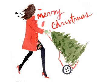 Holiday Christmas Cards: Tree Toting in Fiery Red { Fashion Christmas Card }