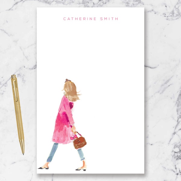 Personalized Notepad: Pink Coat Headband Girl {To Do List, Fashion Illustration, Office Organization, Office Supplies, Grocery List}
