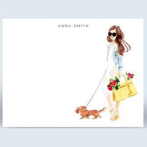 May include: A watercolor illustration of a woman in a white dress and denim jacket walking a brown dachshund. She is carrying a yellow handbag with red flowers. The text "ANNA SMITH" is at the top of the image.